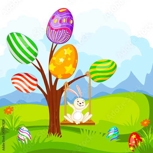 Εκτύπωση καμβά Easter Bunny swinging on Egg Tree