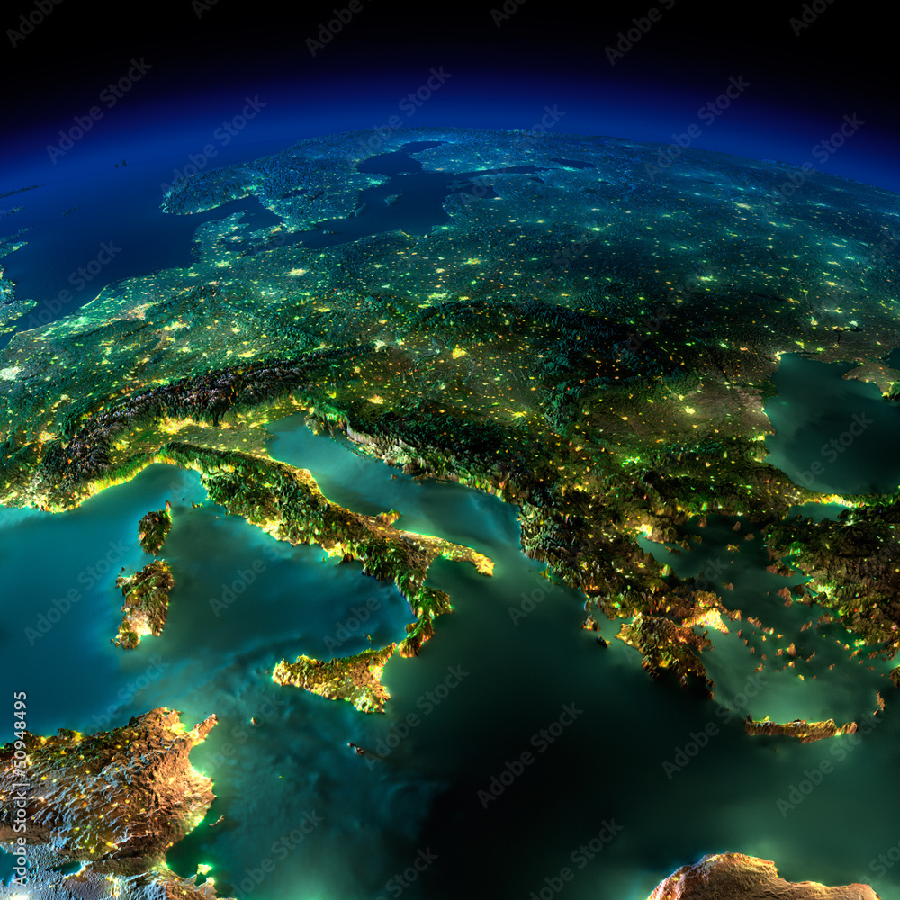 Fototapeta Noc Ziemia. Kawałek Europy - Włochy i Grecja