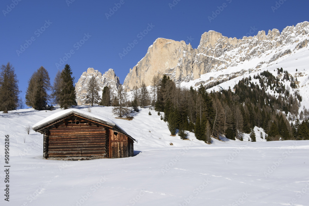 wooden hut and Rosengarten, Costalunga pass