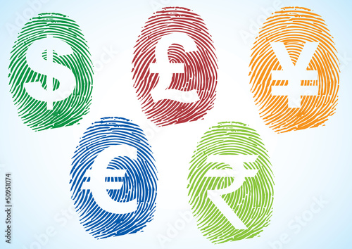 Currency symbols on thumbprint (dollar, euro, pound, yen, rupee)