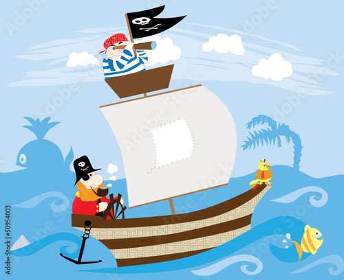 pirate ship, waves, blue sky and shape of whale and island