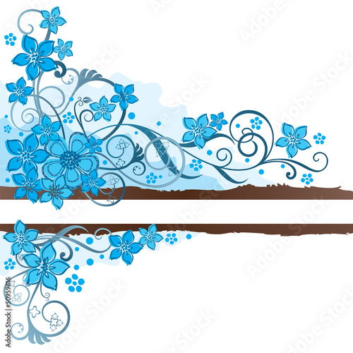 Brown grunge banner and turquoise flowers