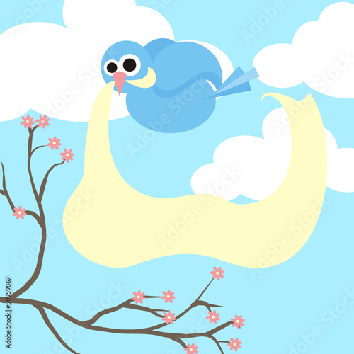 blue bird and ribbon on cloudy sky
