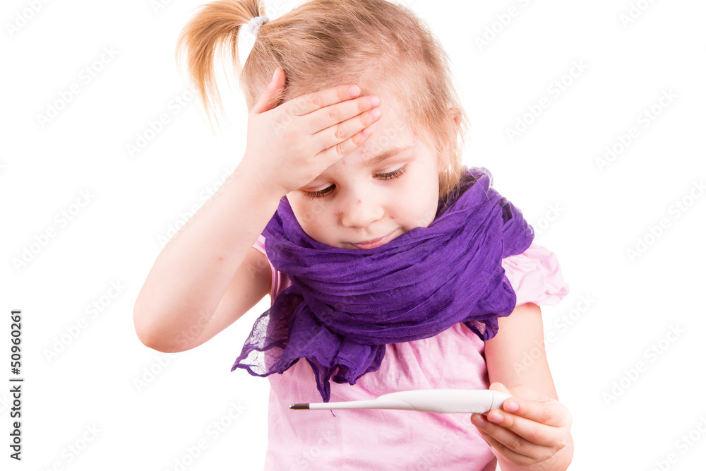Sick little girl with chickenpox measuring temperature Sick little girl with chickenpox measuring temperature