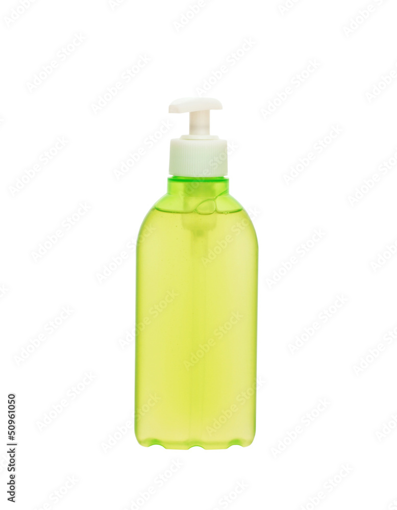 green plastic container with liquid soap isolated on white green plastic container with liquid soap isolated on white