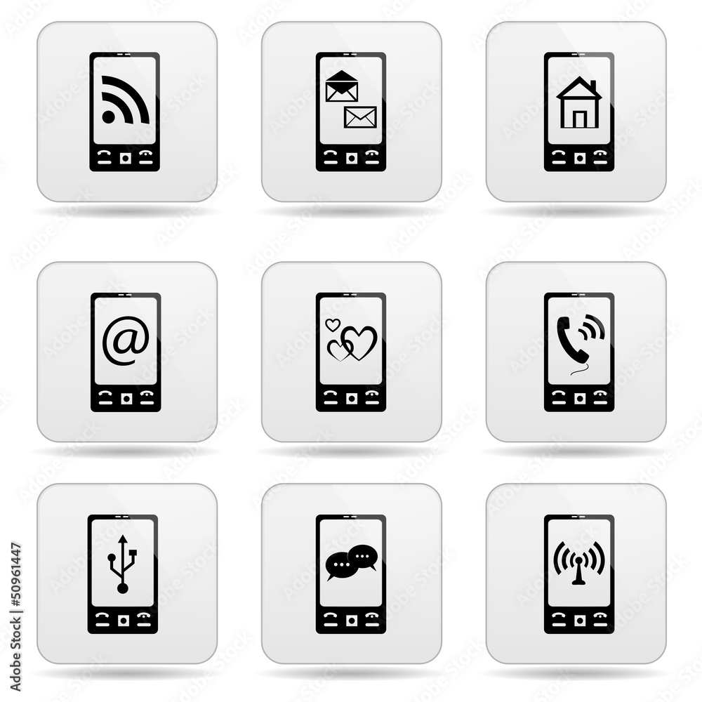 Black phone icons with signs on screen set on gray. Black phone icons with signs on screen set on gray.