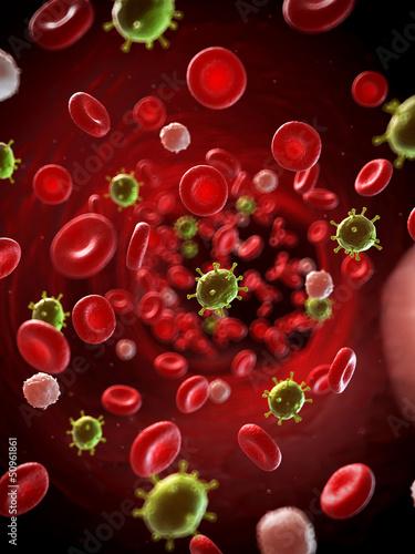 3d rendered illustration of a virus infecting the blood