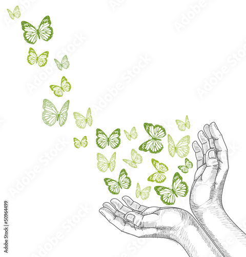 Drawing Hands releasing butterfly. Vector illustration