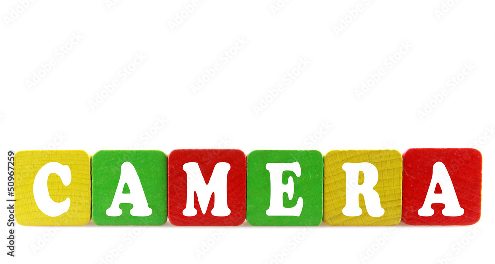 camera - isolated text in wooden building blocks