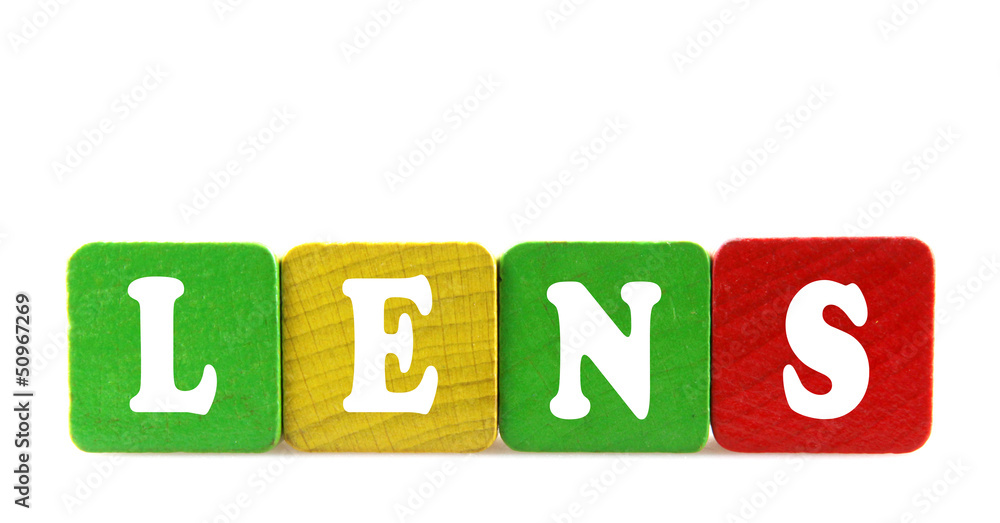 lens - isolated text in wooden building blocks lens - isolated text in wooden building blocks