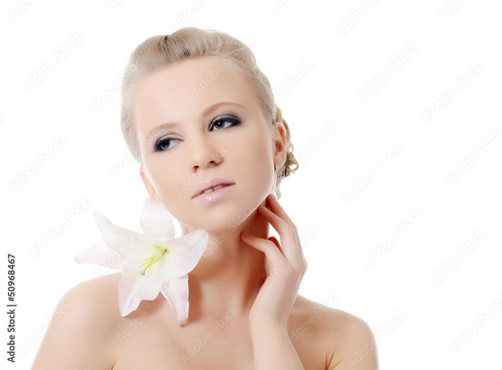 The beautiful woman with lily flower The beautiful woman with lily flower