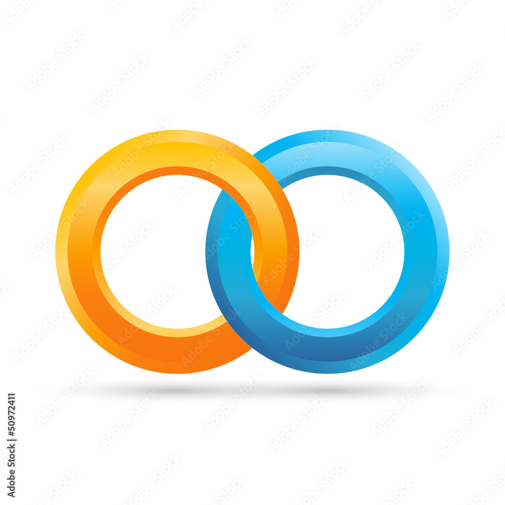 Logo, Icon 3D - two glossy orange & blue interlocking rings Logo, Icon 3D - two glossy orange & blue interlocking rings