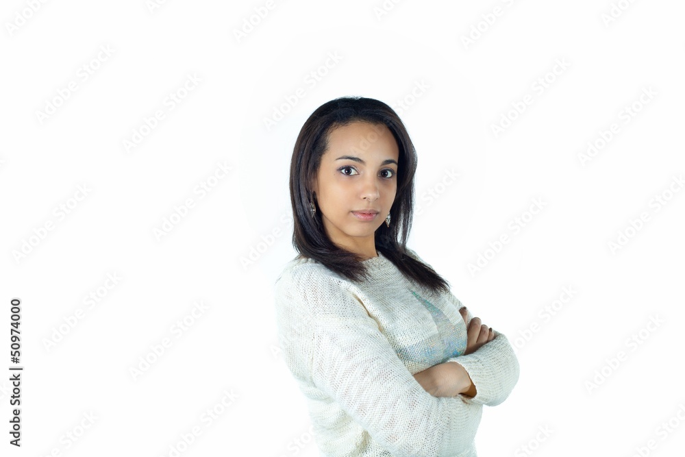 serious beautiful young woman on white background serious beautiful young woman on white background