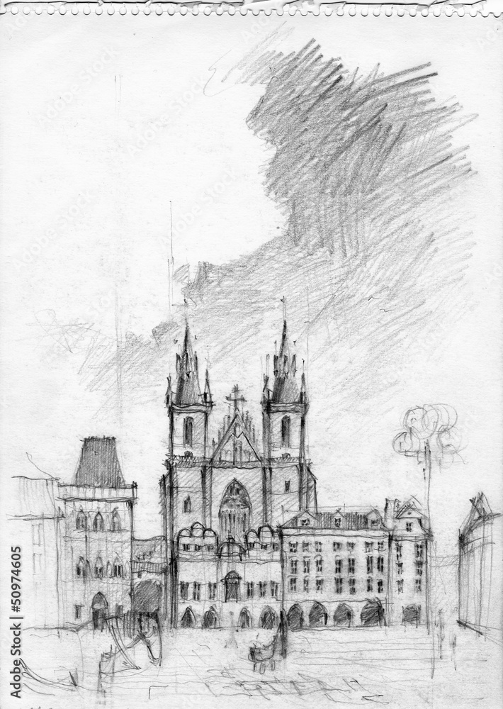 Pencil drawing of Tyn Church in Prague