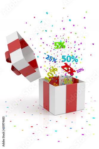 open gift box with discounts on white