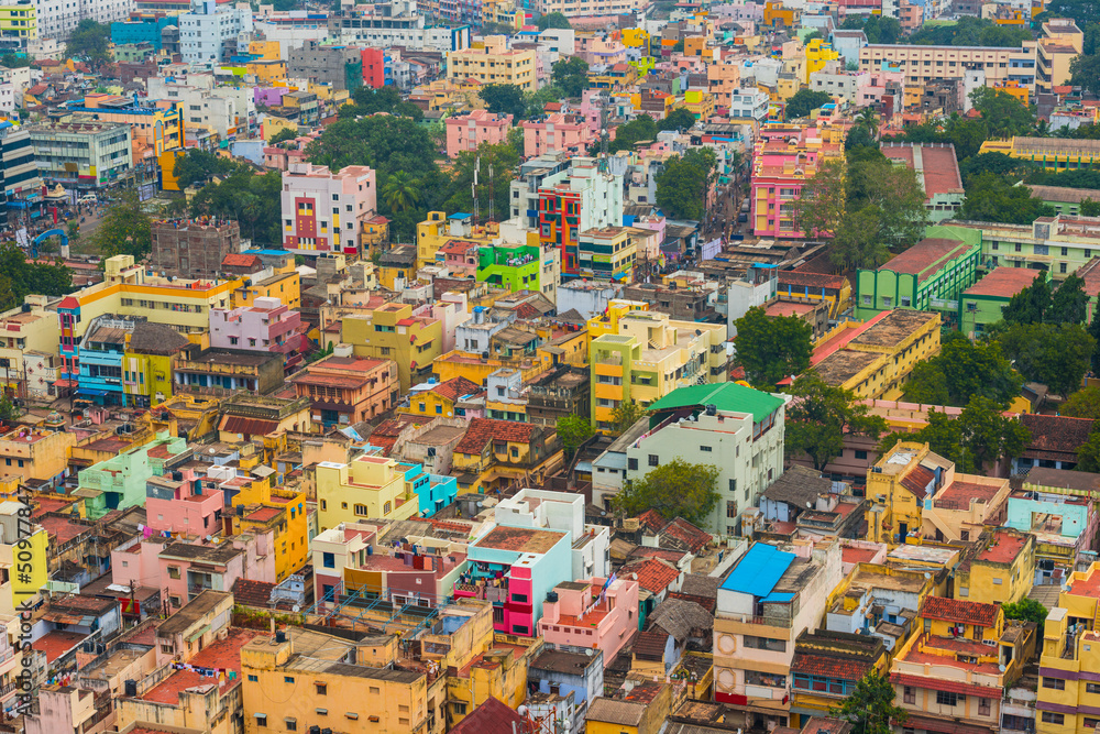 Colorful homes in crowded Indian city Trichy
