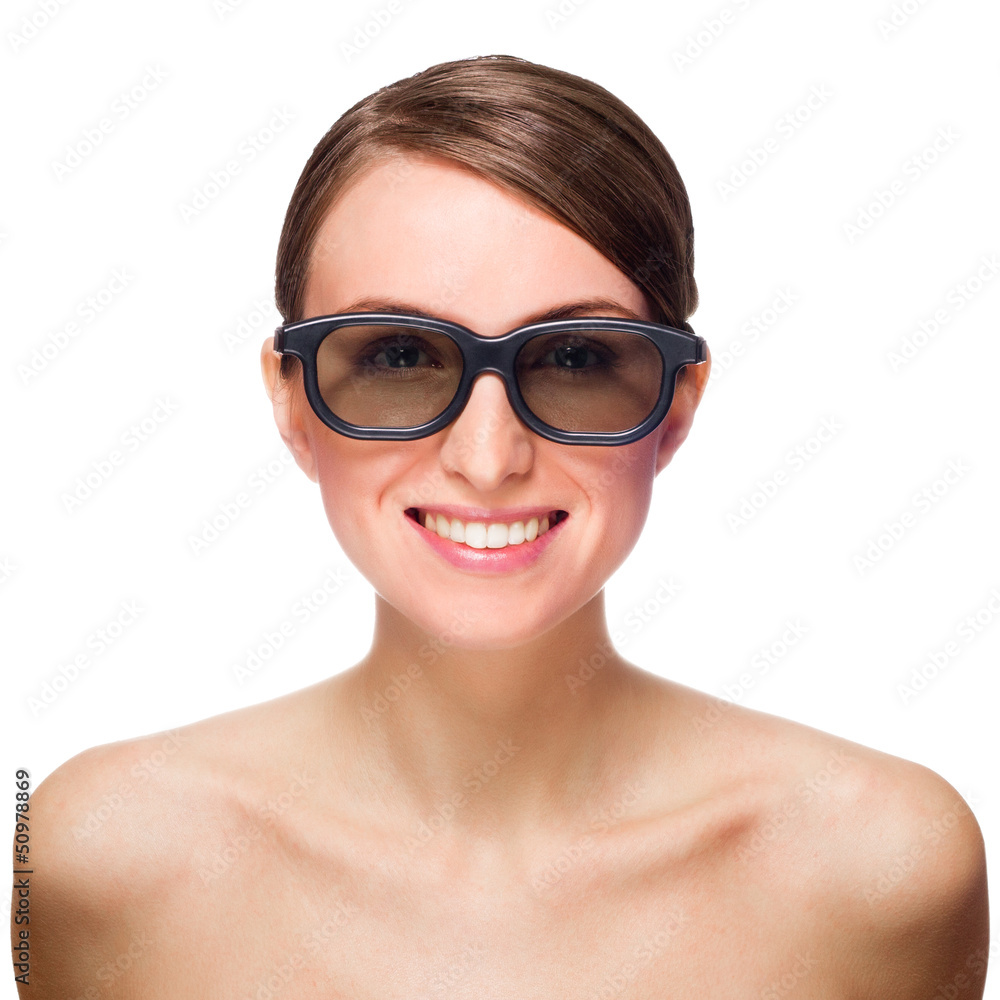 Beautiful smiling woman in black glasses. Isolated on white Beautiful smiling woman in black glasses. Isolated on white
