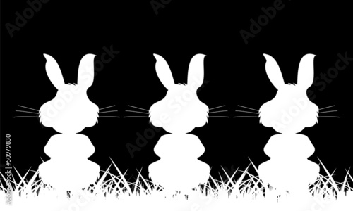 Three white silhouette of a rabbit on a black background