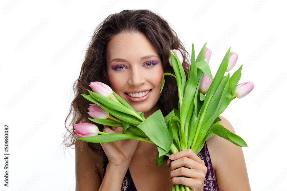 Gorgeous girl with bouquet of tulips Gorgeous girl with bouquet of tulips