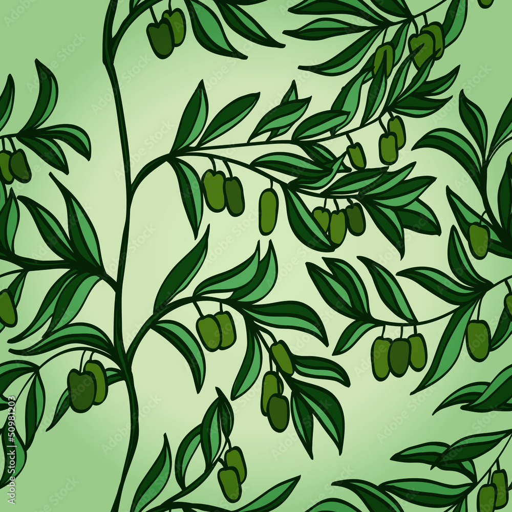 Seamless background with branches and green olives. Eps10