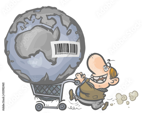 The Earth as a commodity a  in a shopping cart.