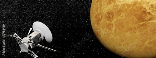 Magellan spacecraft near Venus planet - 3D render photo