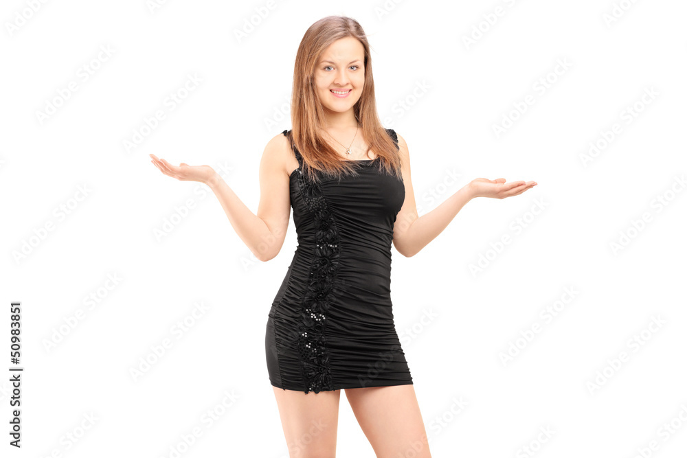 Beautiful young female in black dress gesturing with her hands Beautiful young female in black dress gesturing with her hands