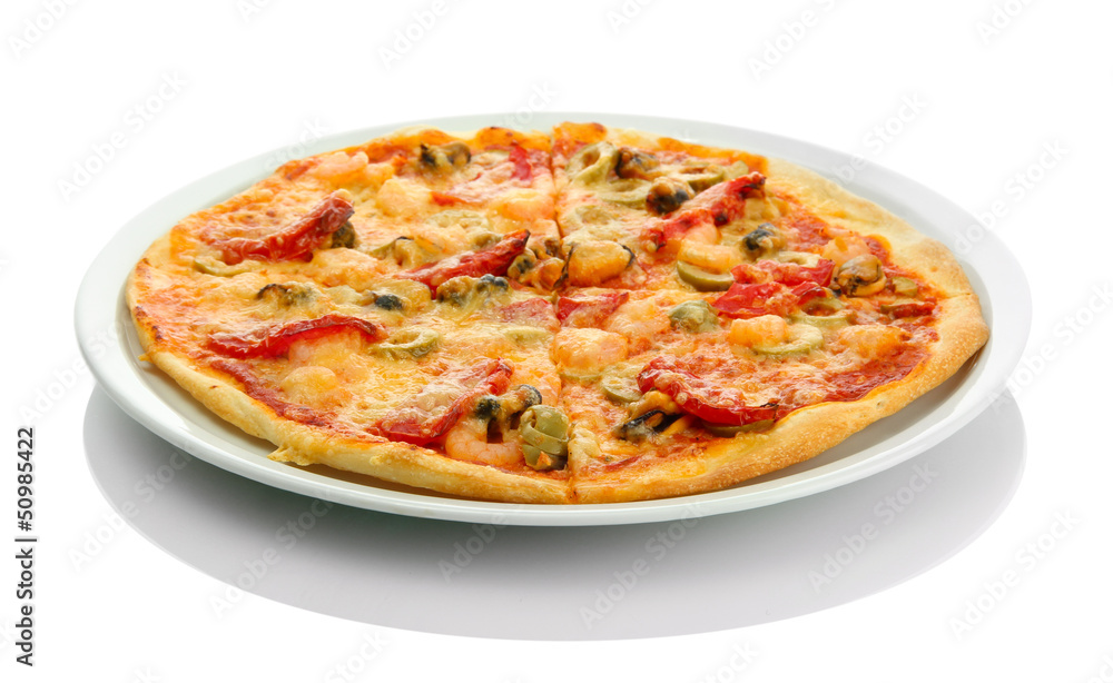 tasty pizza on the plate isolated on white tasty pizza on the plate isolated on white