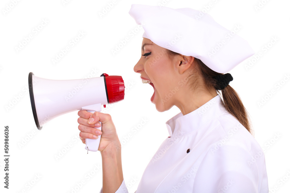 Portrait of young woman chef with megaphone isolated on white Portrait of young woman chef with megaphone isolated on white
