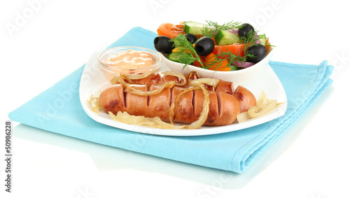 Grilled sausage with fresh salad isolated on white
