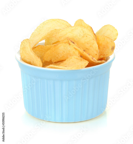 Potato chips in bowl, isolated on white