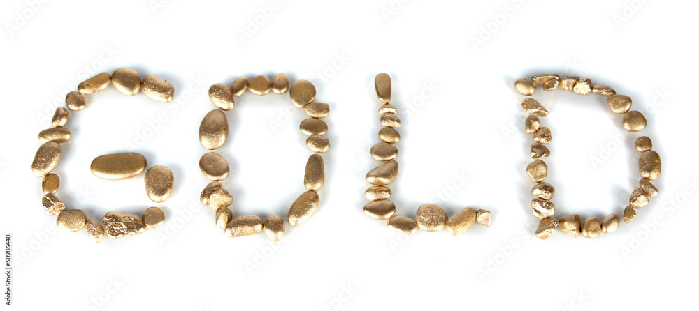 Word gold making with golden stones isolated on white Word gold making with golden stones isolated on white