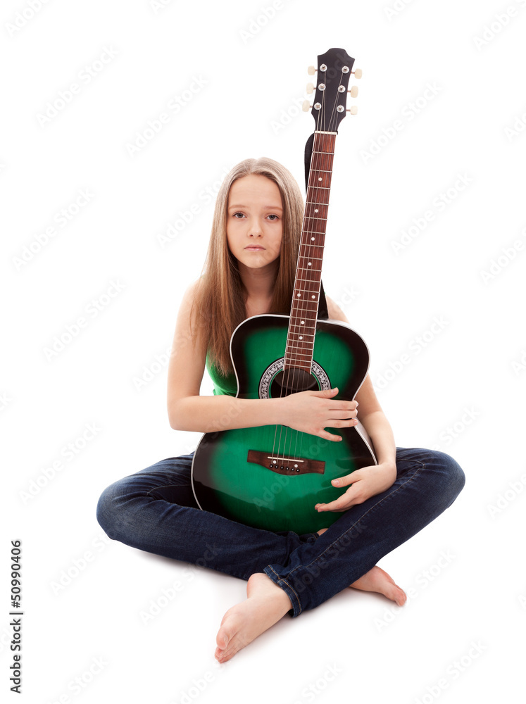 Beautiful girl with guitar  on white background