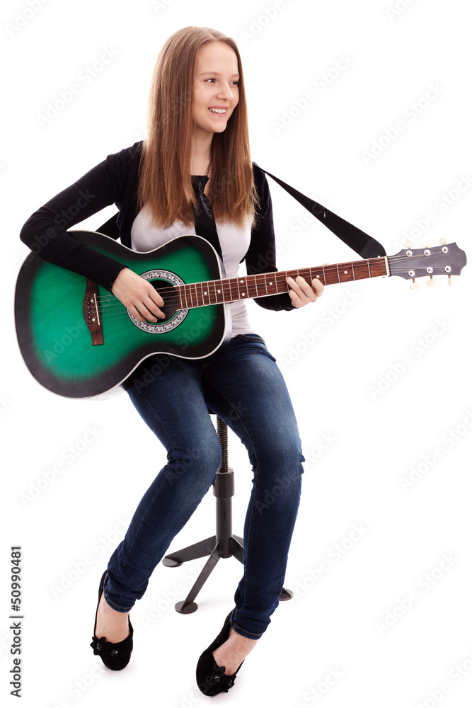 .Beautiful girl with guitar  on white background