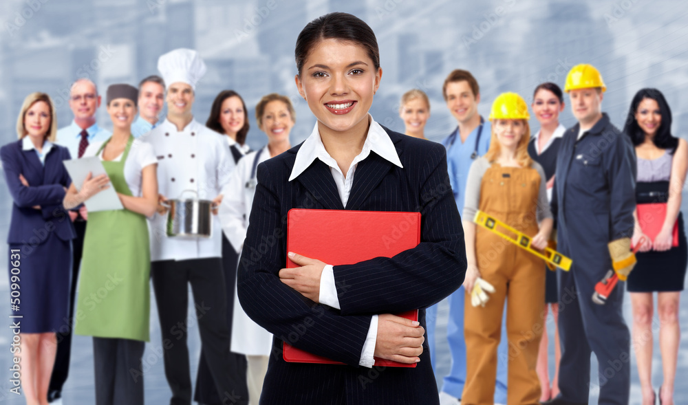 Business woman and group of workers people. Business woman and group of workers people.