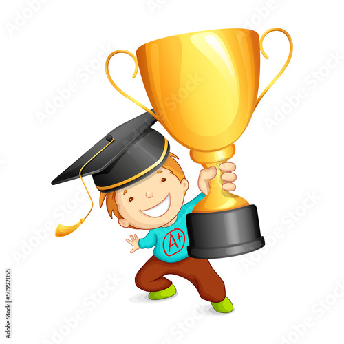 vector illustration of graduate holding gold trophy