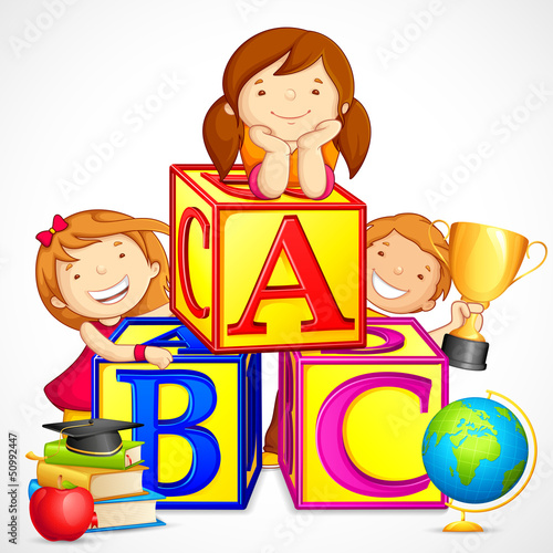 vector illustration of kids playing with alphabet block