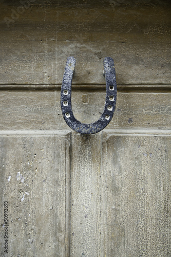 Wooden door with horseshoe