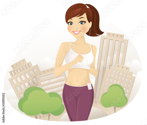 Running woman in city park