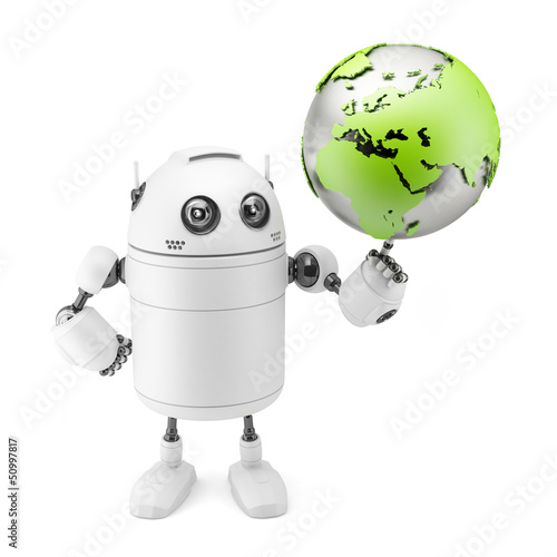 Cute white robot holding globe