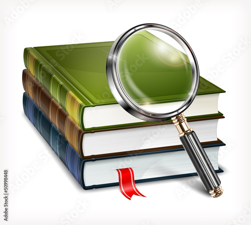 Billede på lærred New books and magnifying glass on white background, vector