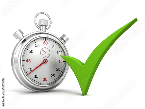 Analog stopwatch with green check on white background