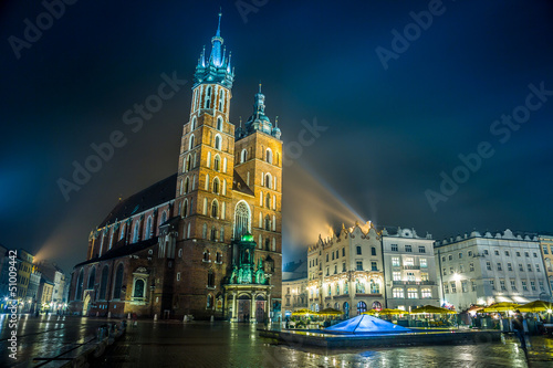 Poland, Krakow. Market Square at night.