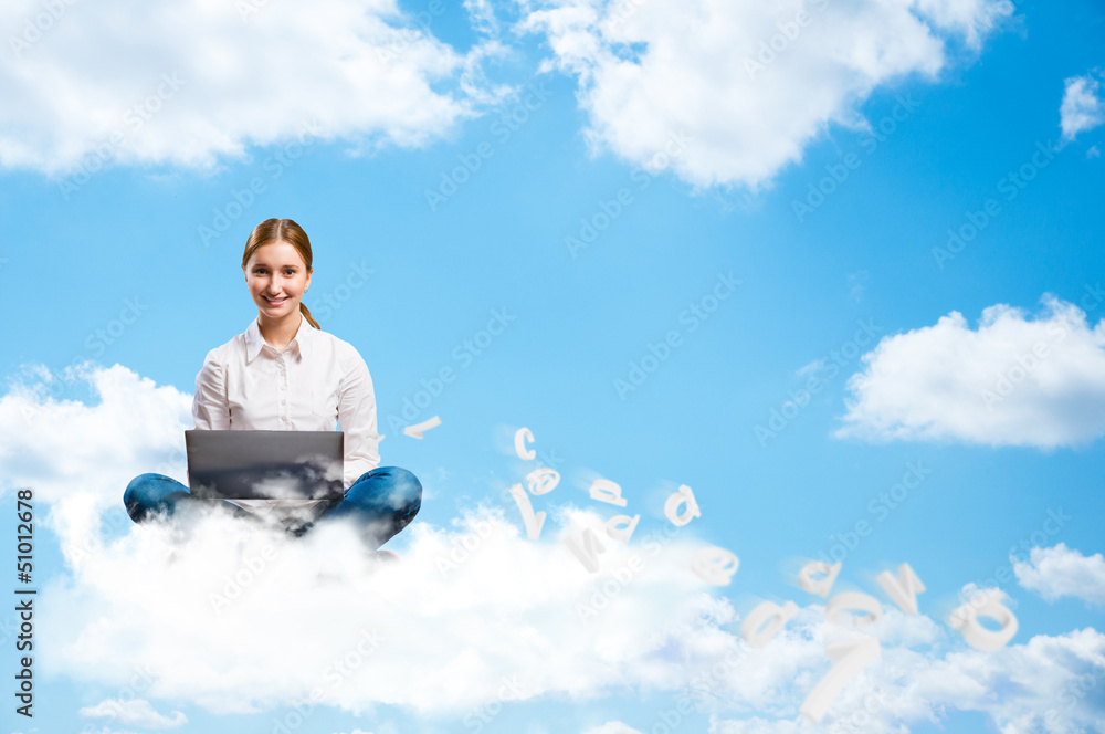 young girl running in the clouds with a laptop