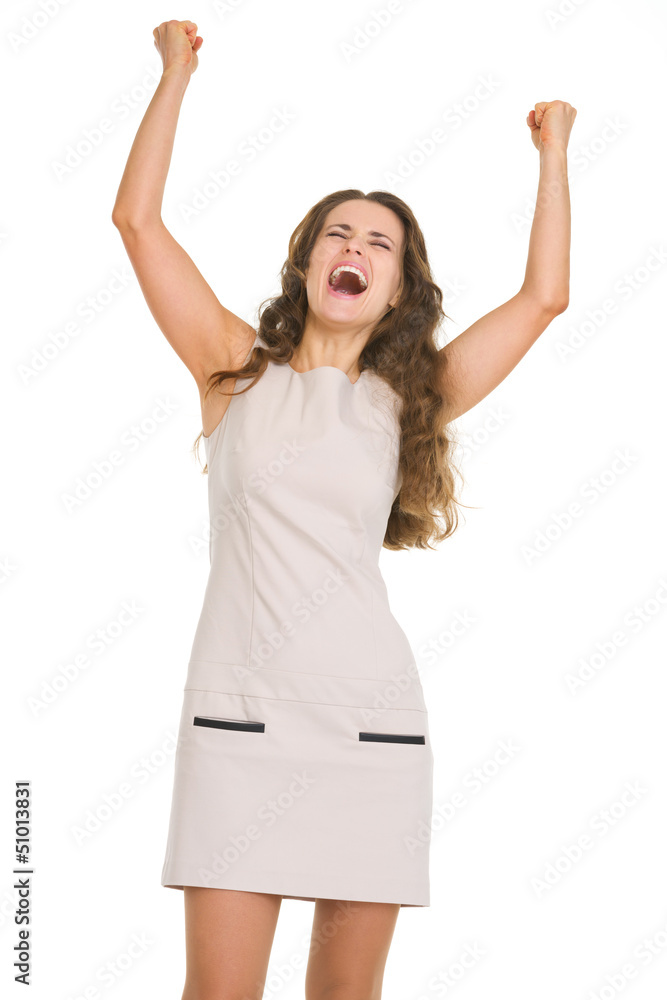 Portrait of happy young woman rejoicing success Portrait of happy young woman rejoicing success