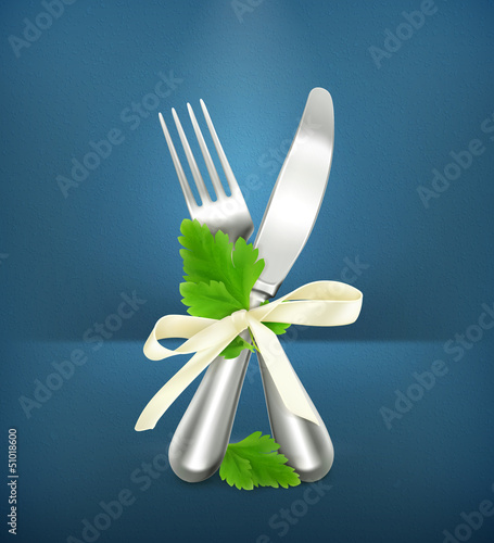 Table knife and fork with parsley, icon