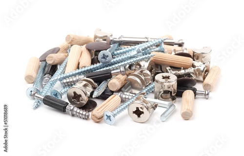 Tools for furniture assembly on a white background