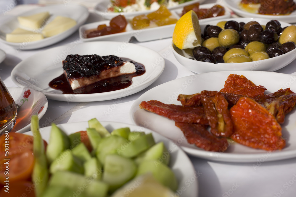close up to classic Turkish style breakfast food plates close up to classic Turkish style breakfast food plates