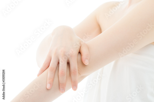 Beautiful young woman hands on white background