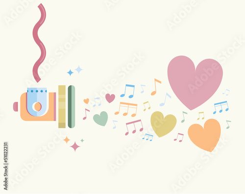 Audio speaker with music notes and hearts sound. Love postcard